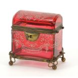 19th century cranberry glass dome top casket with bronzed mounts, 12cm H x 10cm H x 7cm D