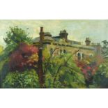 D Saunders - Manor house through trees, signed oil on board, mounted and framed, 90cm x 57cm