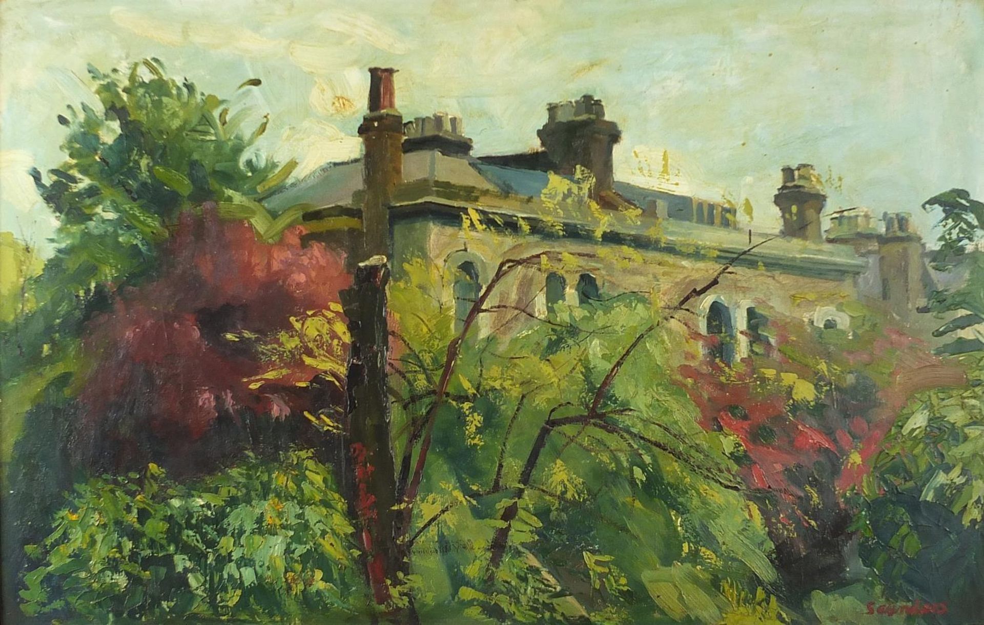 D Saunders - Manor house through trees, signed oil on board, mounted and framed, 90cm x 57cm