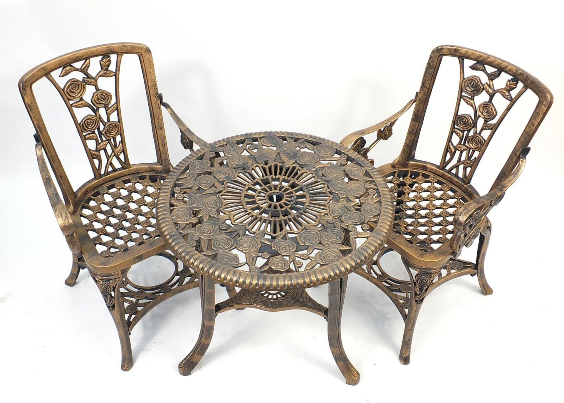 Gold flecked plastic garden table and two chairs, the table 65cm high x 68cm in diameter - Image 2 of 2