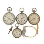 Four pocket watches and a ladies' wristwatch including one silver by J W Griffith and a British
