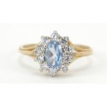 9ct gold blue stone and cubic zirconia ring, size L, 1.8g