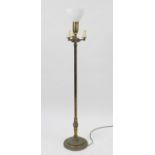 Victorian brass three branch standard lamp with glass shade, 150cm high