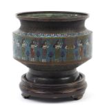 Large Chinese Egyptian revival cloisonné planter on carved hardwood stand, overall 30.5cm high x