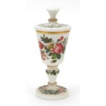 Victorian white opaline glass goblet and cover hand painted with flowers and foliage, 30.5cm high