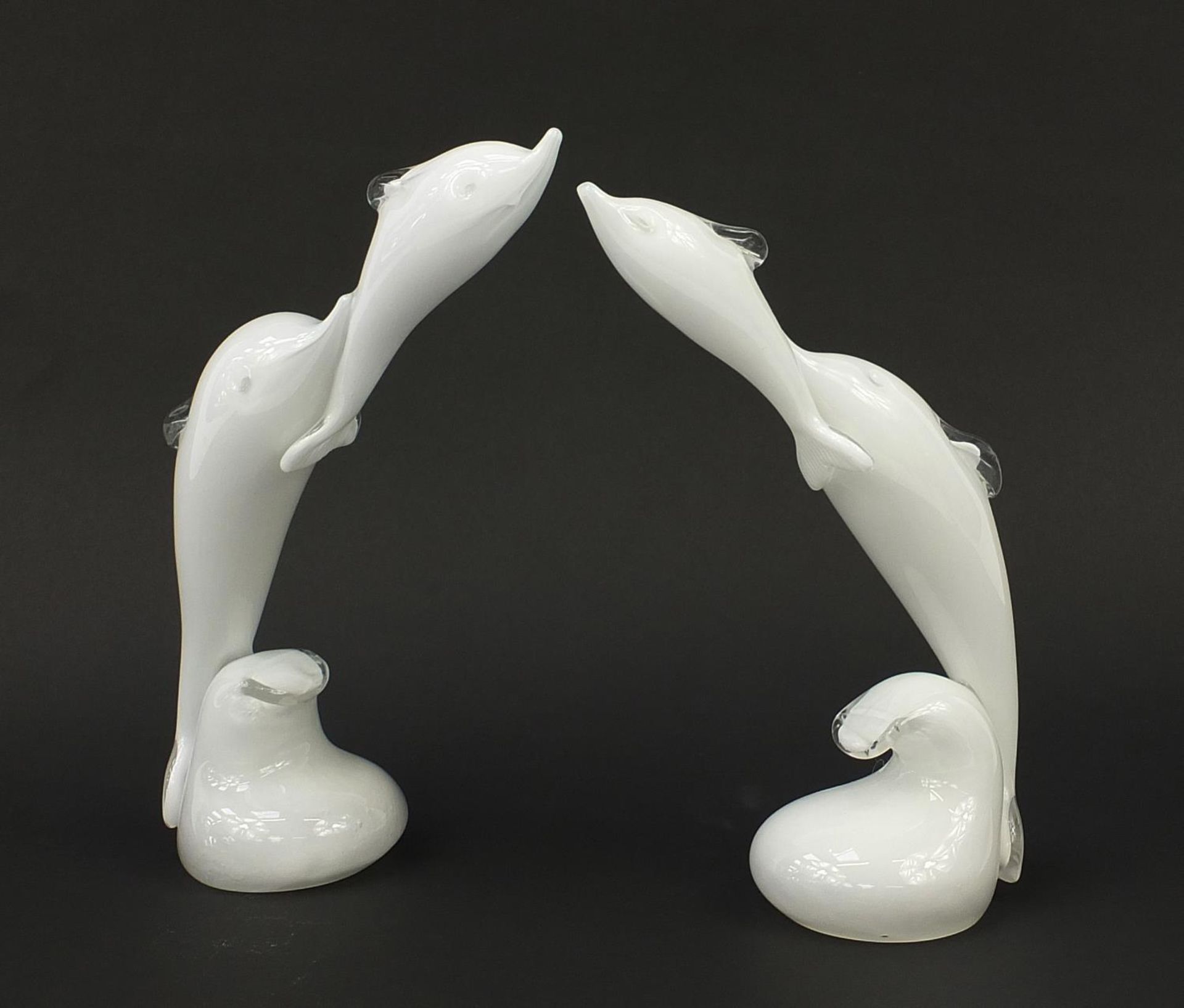 Pair of Murano style glass dolphin sculptures, the largest 33.5cm high