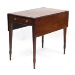 Antique mahogany drop leaf Pembroke table with frieze drawer raised on square tapering legs, 71cm