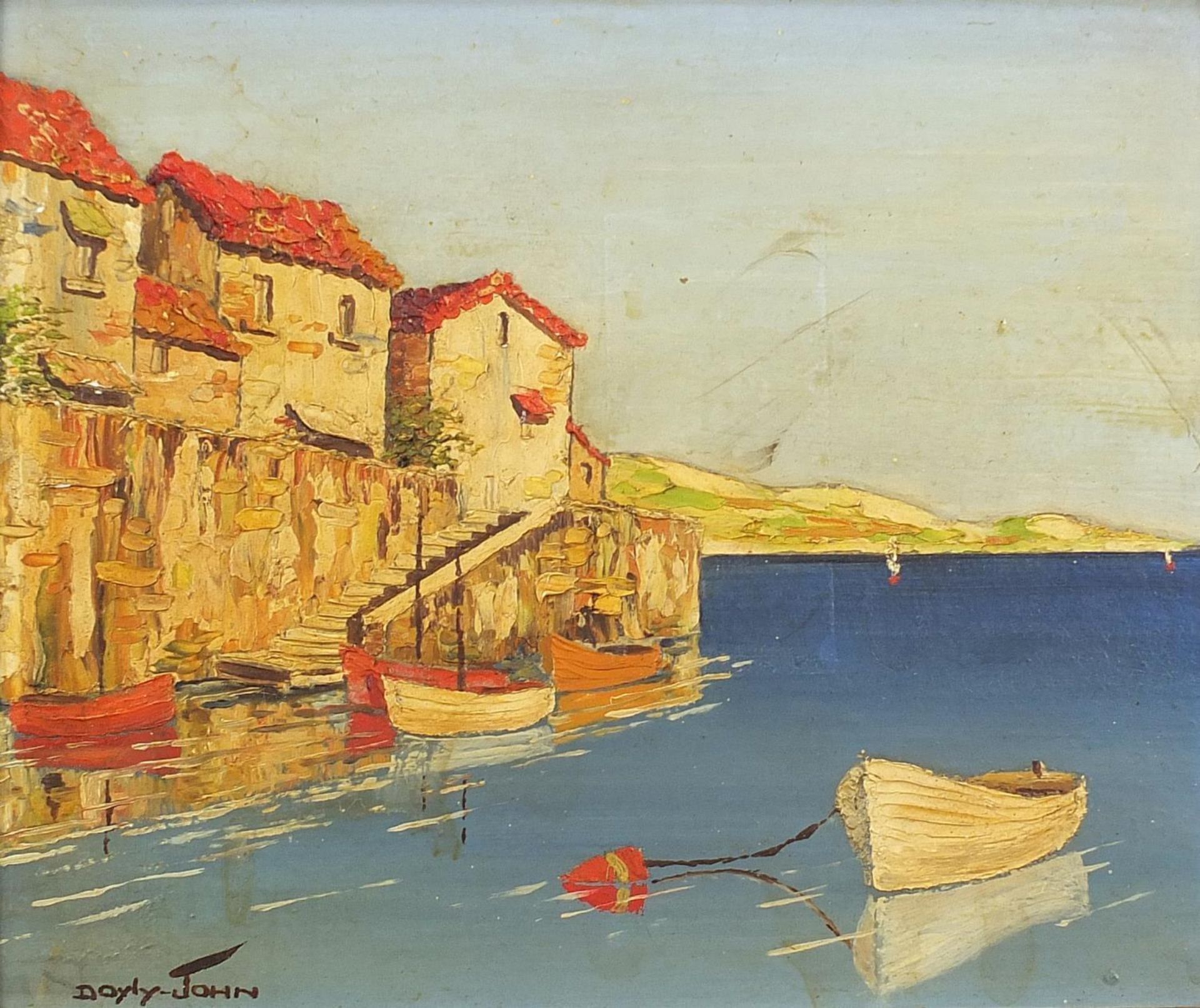 Cecil Rochfort D'Oyly-John - Moored boats, Continental harbour, oil on board, framed, 30.5cm x