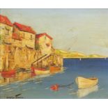 Cecil Rochfort D'Oyly-John - Moored boats, Continental harbour, oil on board, framed, 30.5cm x