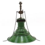 Vintage industrial green enamel light pendant with W W & E D Gas Co plaque, numbered 3749, 46cm high