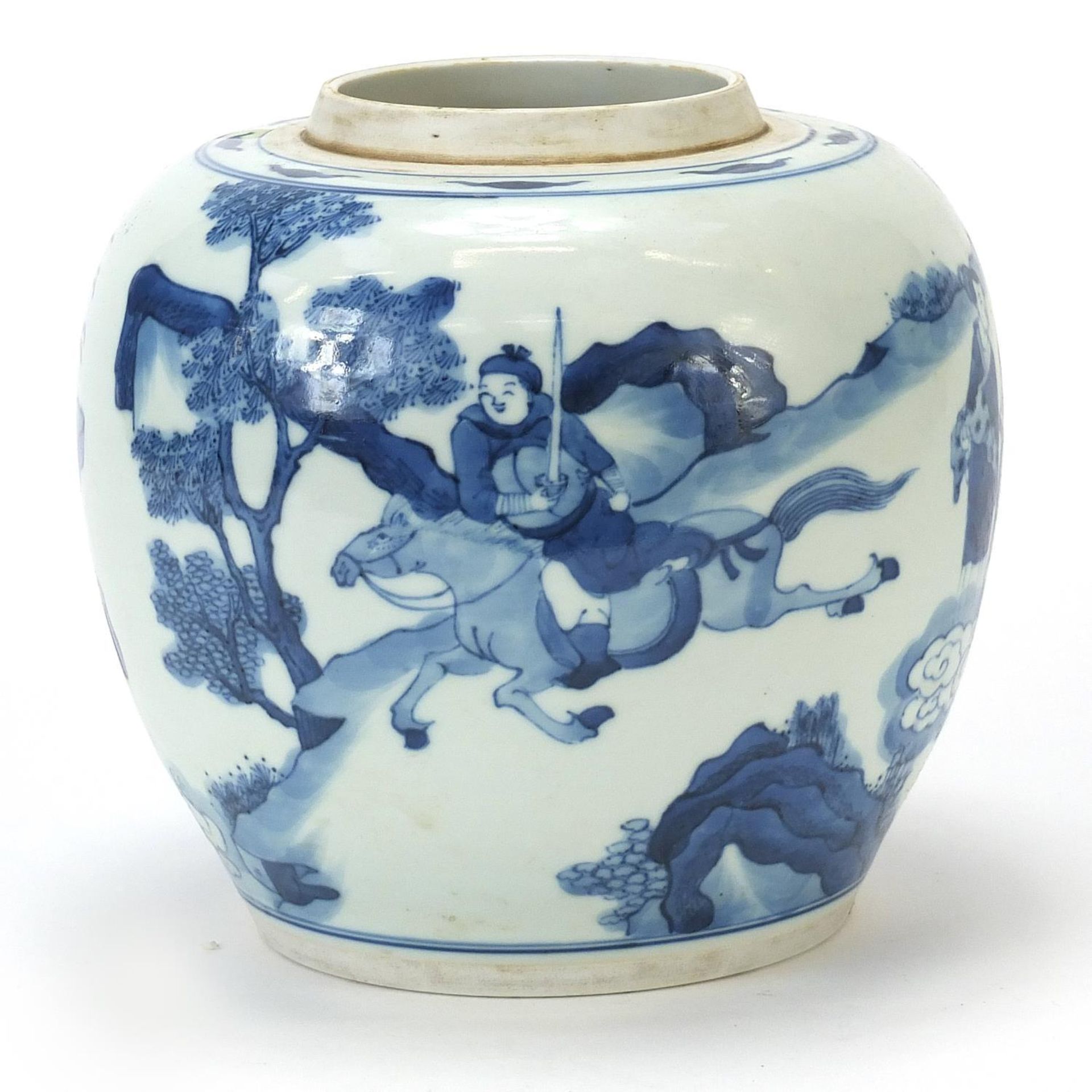 Chinese blue and white porcelain ginger jar hand painted with figures in a palace setting, Kangxi - Image 3 of 7