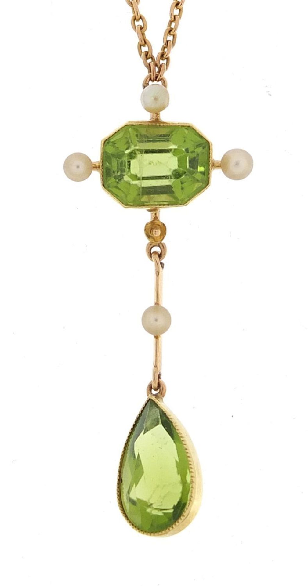 Art Nouveau 15ct gold peridot and pearl pendant necklace, 40cm in length, the pendant 4.2cm high,