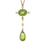 Art Nouveau 15ct gold peridot and pearl pendant necklace, 40cm in length, the pendant 4.2cm high,