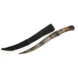 Afghan Pesh-kabz knife with bone handle, sheath and steel blade engraved with a wild animal