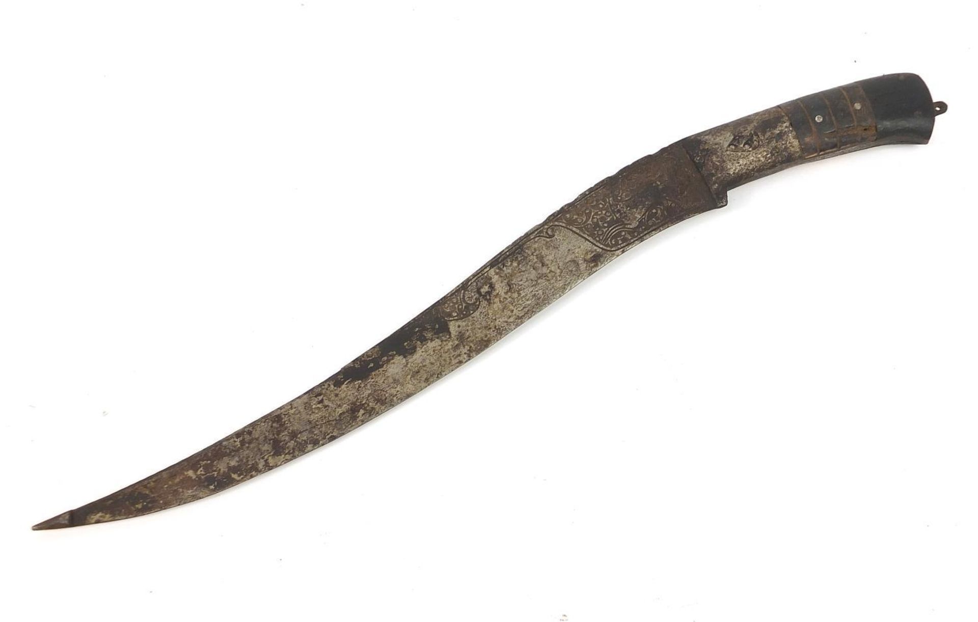 Afghan Pesh-kabz dagger with bone handle and steel blade engraved with a wild animal amongst