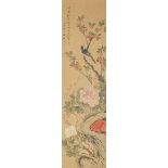 Bird amongst peony and cherry blossom, Chinese watercolour on paper scroll with calligraphy and