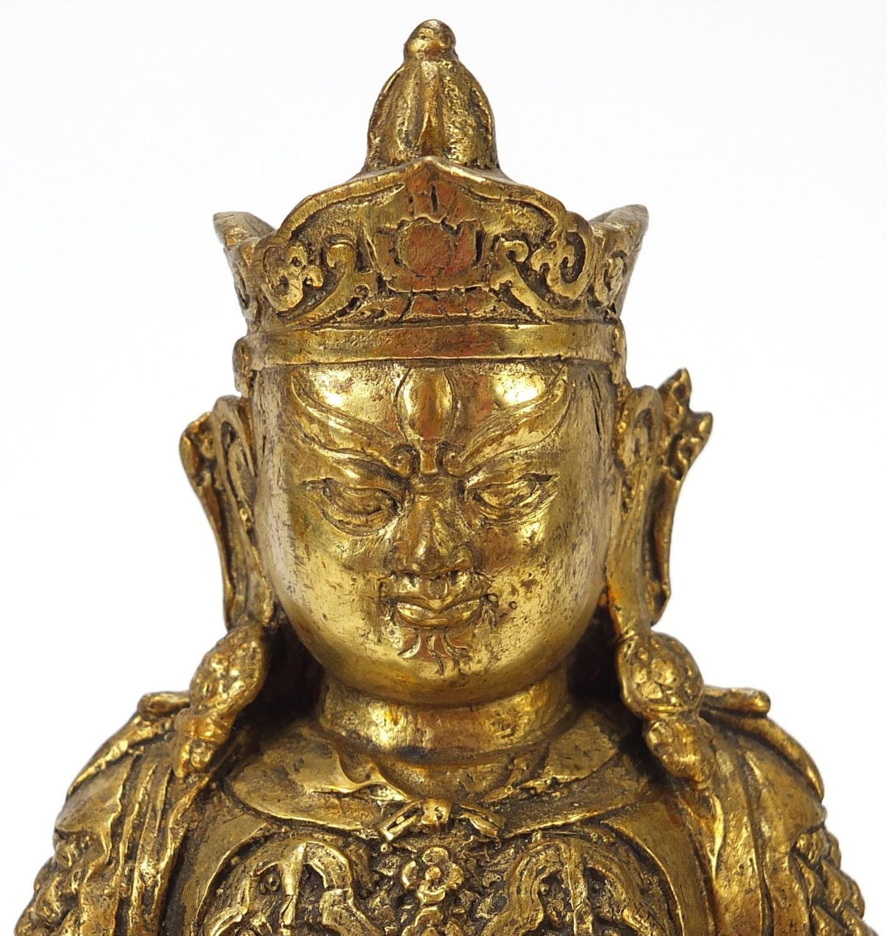 Chino Tibetan patinated gilt bronze figure of an Emperor on mythical animal, 23.5cm high - Image 8 of 8