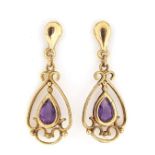 Pair of 9ct gold amethyst drop earrings, 25mm high, 1.1g