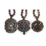 Three Chinese hardstone pendant and bead necklaces, the largest approximately 48cm in length, 188.0g