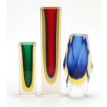 Three Murano Sommerso three colour glass vases, one with paper label, the largest 23cm high