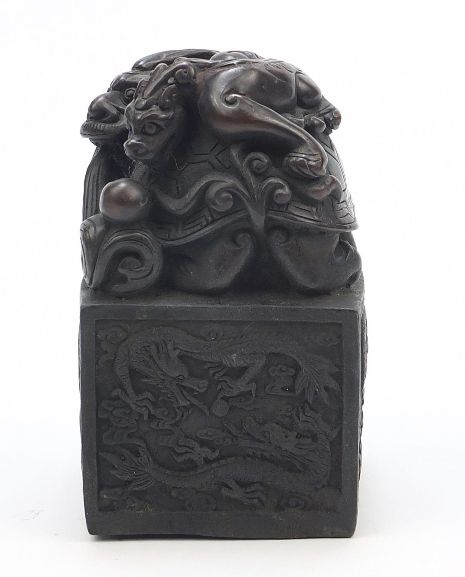 Large Chinese patinated bronze dragon and tortoise design seal with character marks to the base, - Image 2 of 6