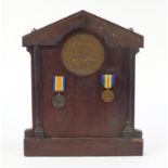 British military World War I mahogany memorial plaque with pair and inset death plaque relating to