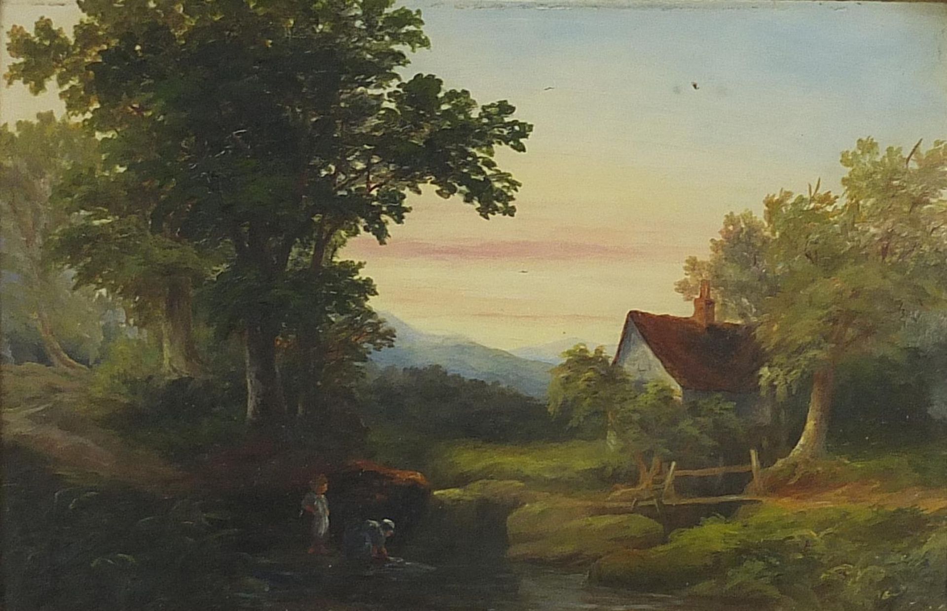 Figures beside water before a cottage, Victorian oil, mounted, framed and glazed, 28.5cm x 18.5cm