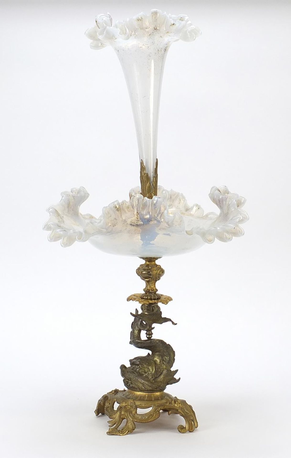 19th century opaline glass and gilt bronze dolphin centrepiece with frilled glass flute, 56cm high - Image 3 of 6