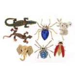 Seven jewelled and enamel animal and insect brooches including koala, gecko lizard, crocodile and