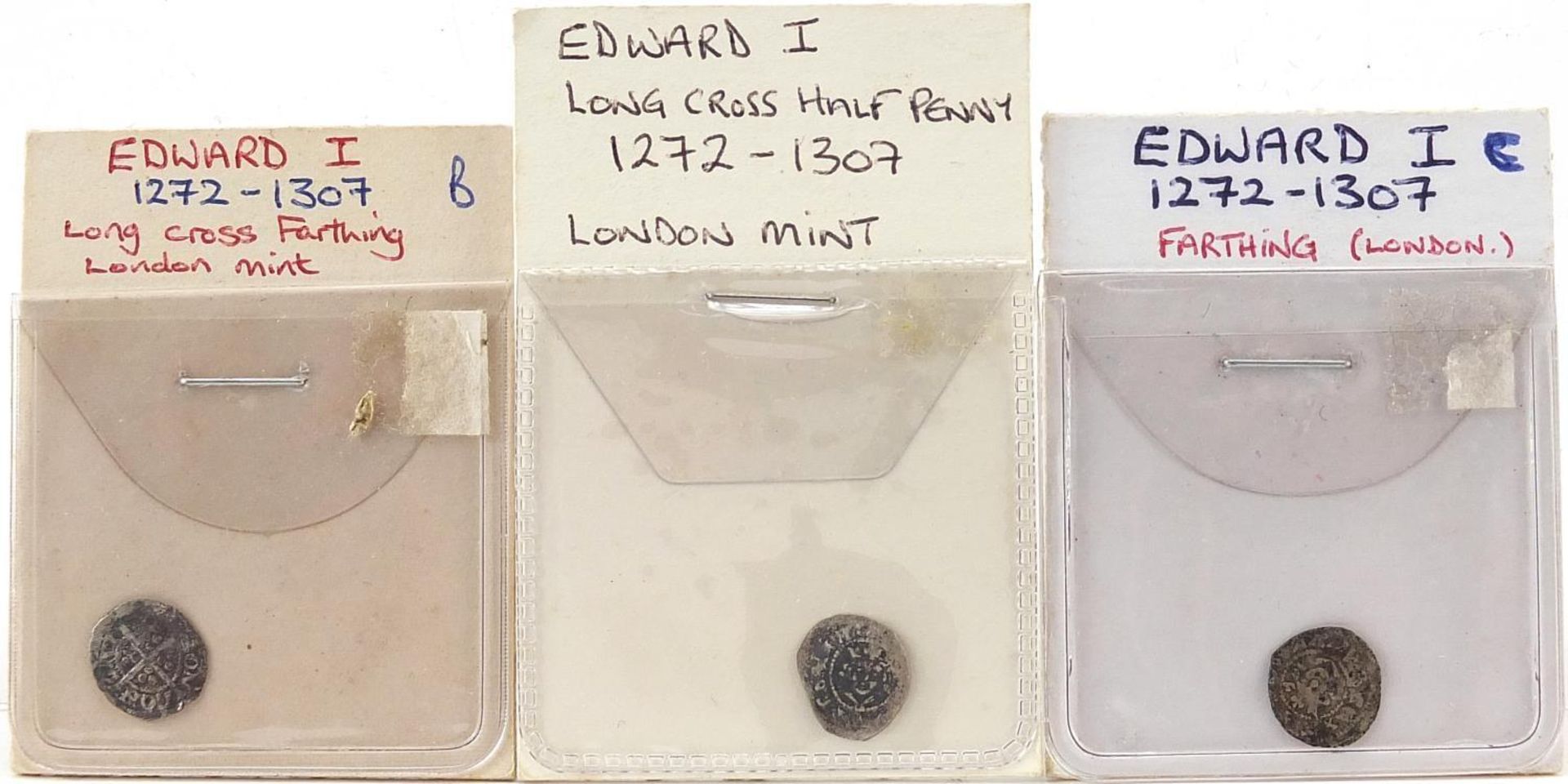 Three Edward I London Mint hammered silver coins comprising Long Cross farthing, farthing and Long
