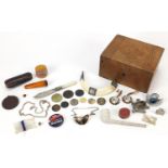 Objects housed in an oak box including Modernist brooch with cabochons, amber coloured cheroot, pair