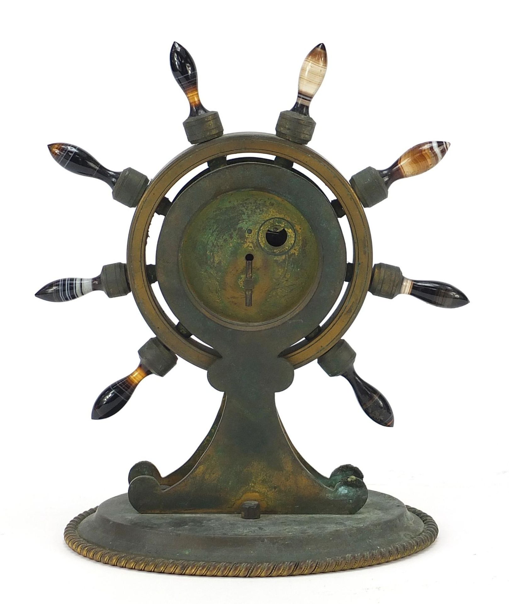 19th century gilt bronze ship's wheel design mantle clock with Scottish agate handles and Roman - Image 4 of 6