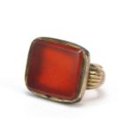 Antique gold coloured metal carnelian fob, 2.1cm high, 4.4g