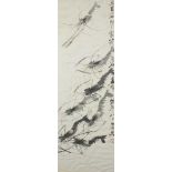 Shrimps and calligraphy, Chinese wall hanging scroll, framed and glazed, 137cm x 46.5cm excluding