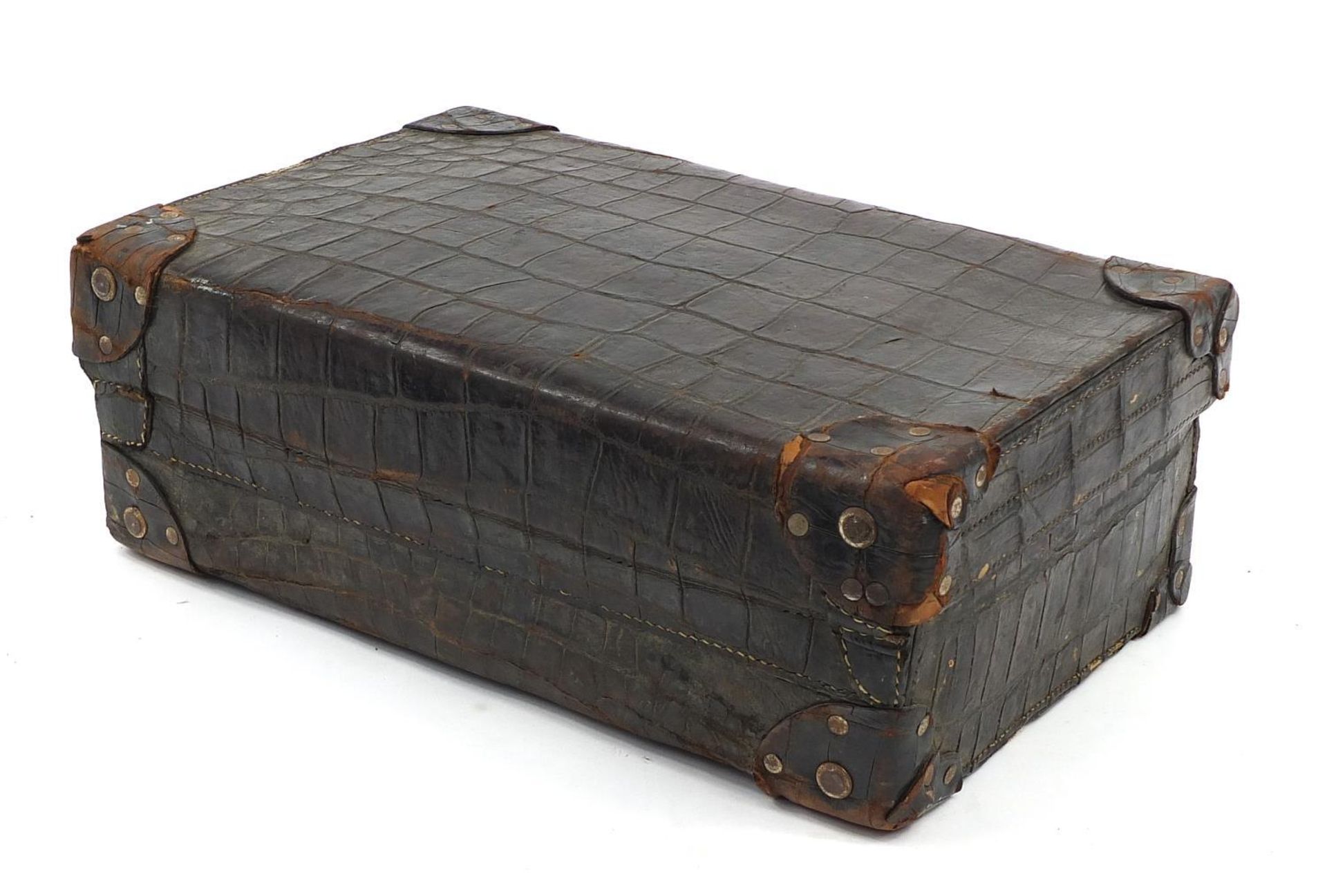 Early 20th century taxidermy interest crocodile skin suitcase, 34.5cm H x 51cm W x 17cm D - Image 6 of 6