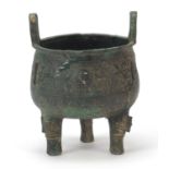 Chinese archaic style verdigris bronzed vessel, 14.5cm high