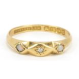 George V 18ct gold diamond and opal ring, Birmingham 1911, size N, 2.1g