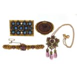 Three vintage brooches and a enamelled pendant on chain including Langani, the largest 10.5cm wide,