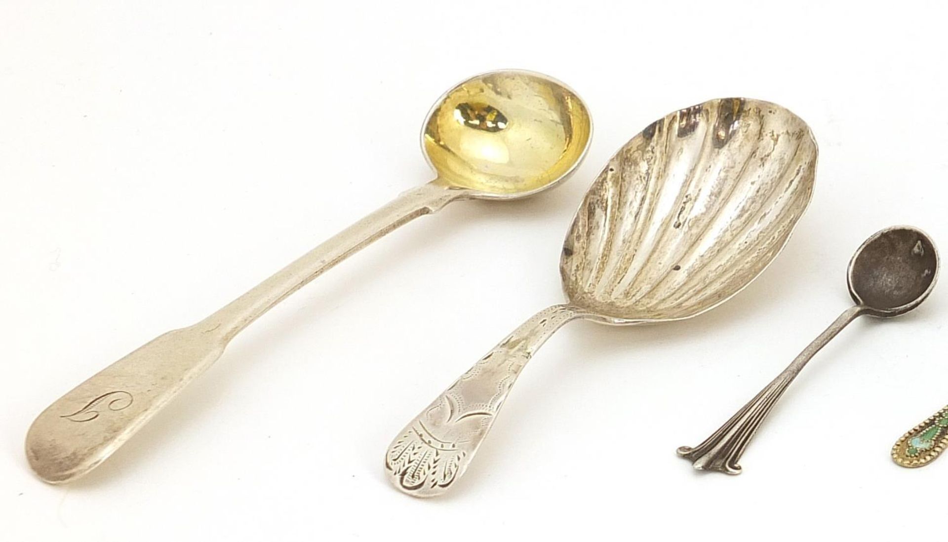 Georgian and later silver objects including a Georgian shell shaped caddy spoon, pair of wishbone - Image 3 of 6