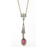 15ct gold and platinum diamond and pink stone pendant necklace, 40cm in length, 3.5g