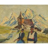 Figures before a church and mountains, winter landscape, oil on canvas, framed, 49cm x 39cm