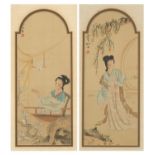 Young females in a palace setting with a bird amongst blossoming flowers, pair of Chinese