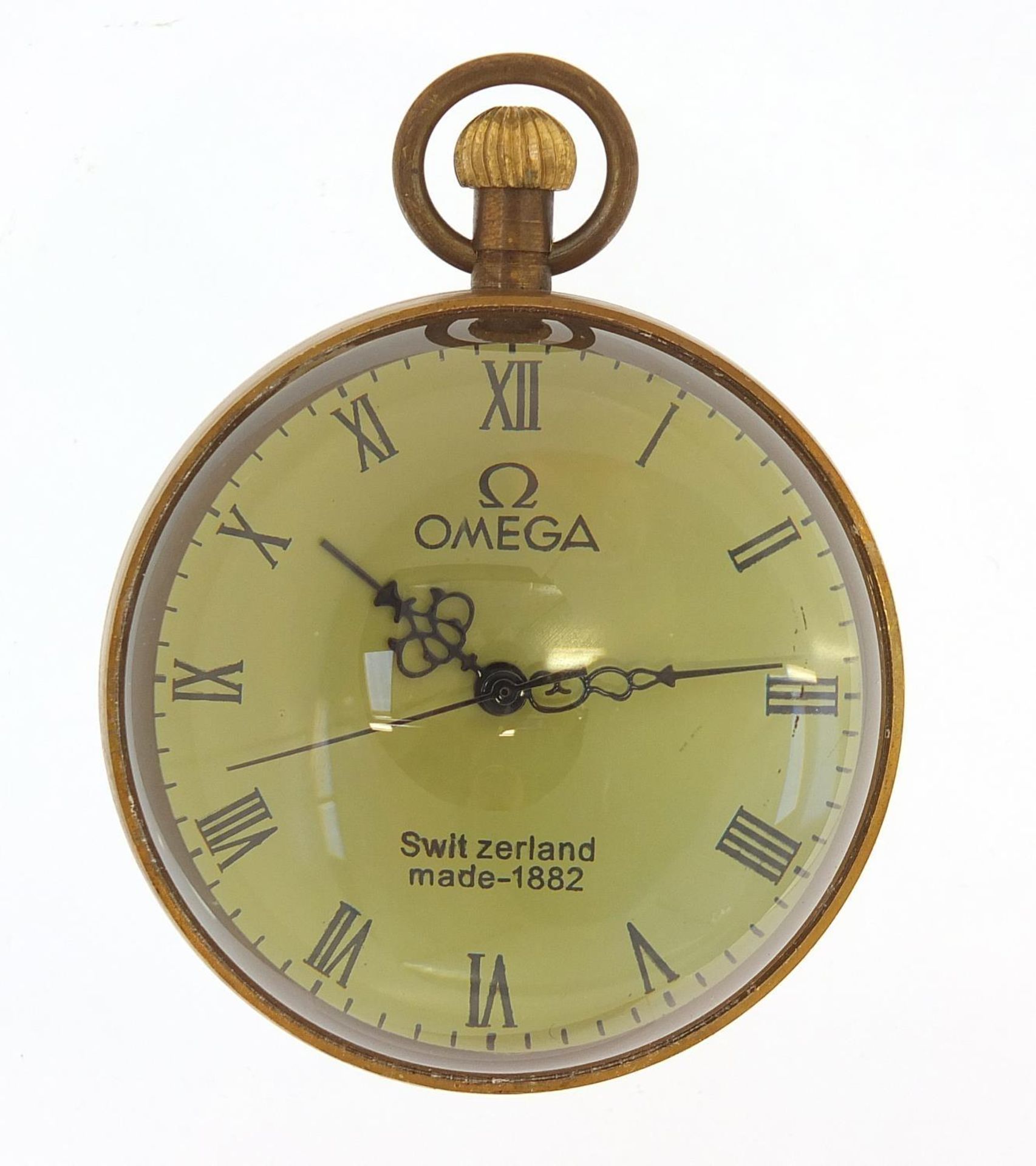 Globular glass and brass desk clock, 6cm high