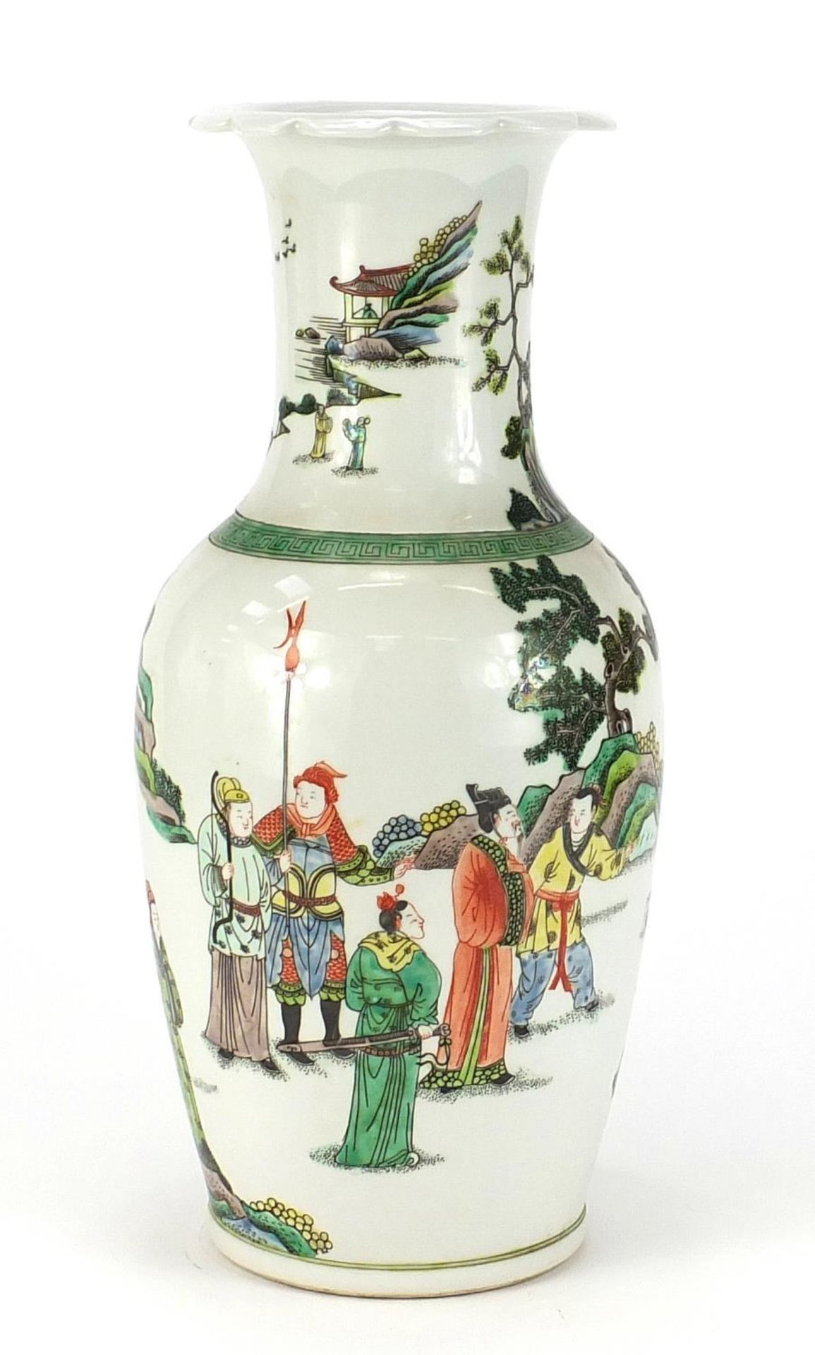 Chinese porcelain vase hand painted in the famille verte palette with figures in a landscape, six