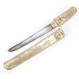 Japanese tanto sword with silver coloured metal handle and sheath, 39.5cm in length