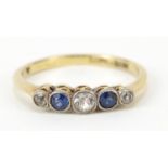 18ct gold sapphire and diamond graduated five stone ring, size J, 1.9g