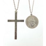 Silver St Christopher and cross pendants on silver necklaces, the cross 5.5cm high, total 20.1g