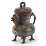 Chinese cloisonné bird teapot enamelled with flowers, four figure character marks to the base,