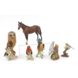 Collectable china animals comprising Beswick horse and five birds, Wedgwood, Crown Staffordshire and