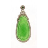 Chinese white metal jewelled jade pendant, 6cm high, 16.6g